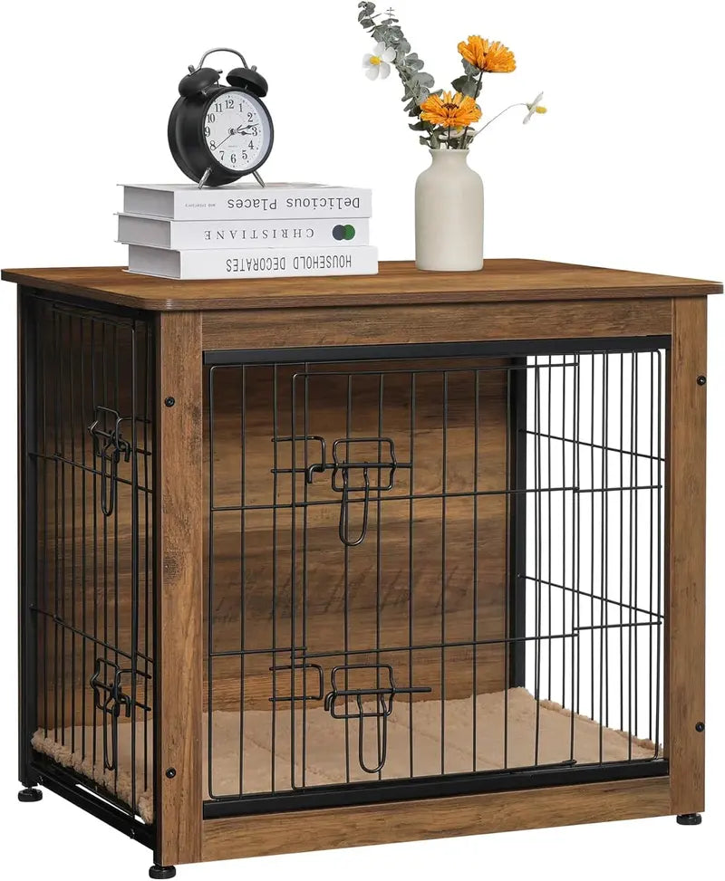 DWANTON Wooden Dog Crate Furniture With Cushion, Double Doors And Adjustable Feet