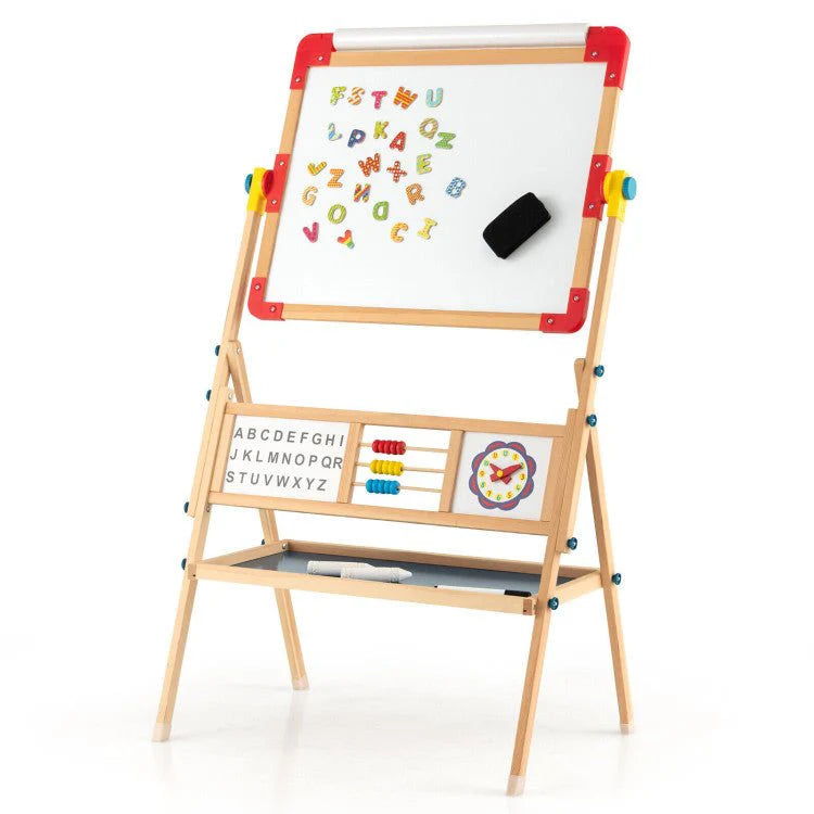 Kids Wooden Art Easel With Chalkboard, Magnetic Whiteboard And Paper Roll - 3-In-1