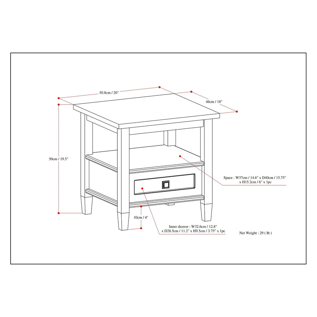 Solid Wood Rectangle End Table With Drawer And Shelf, 18.1in D x 20in W x 19.5in H - Norfolk