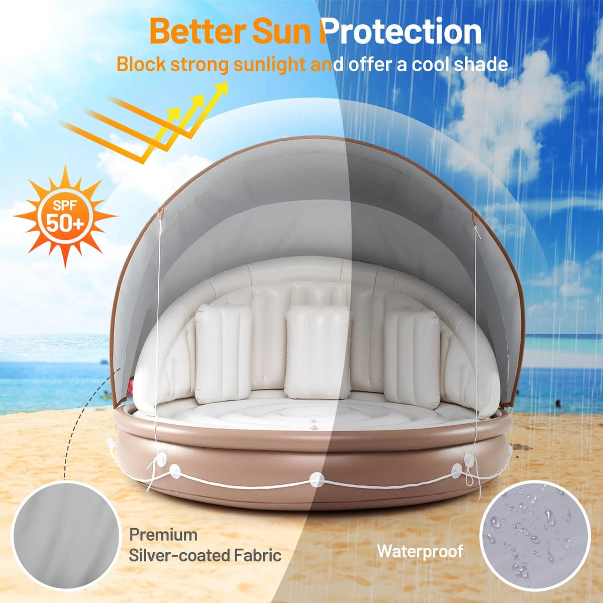 Costway Canopy Inflatable Pool Float Lounge, 71'' x 71'' x 63'' - White Brown Silver