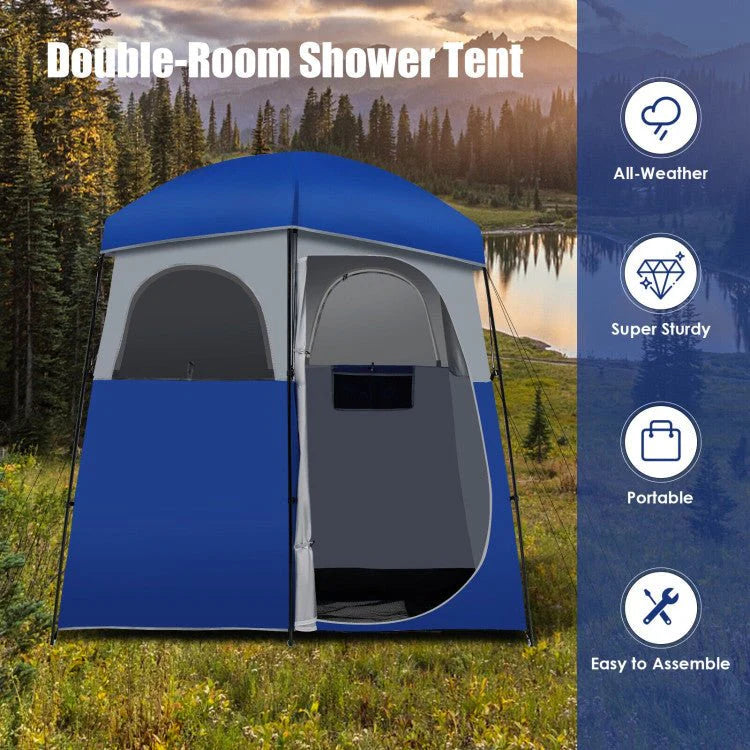 Double-Room Camping Privacy Shower Toilet Tent, Blue, 7ft x 3.5ft x 7ft - With Storage Bag