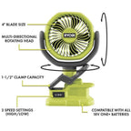 Ryobi 18V ONE+ 3-Tool Camping Kit With Area Light, Bluetooth Speaker, 4 in Clamp Fan, 1.5 Ah Battery, Charger And 16 in Buho Tool Bag