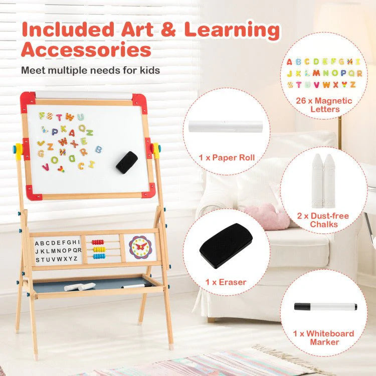 Kids Wooden Art Easel With Chalkboard, Magnetic Whiteboard And Paper Roll - 3-In-1