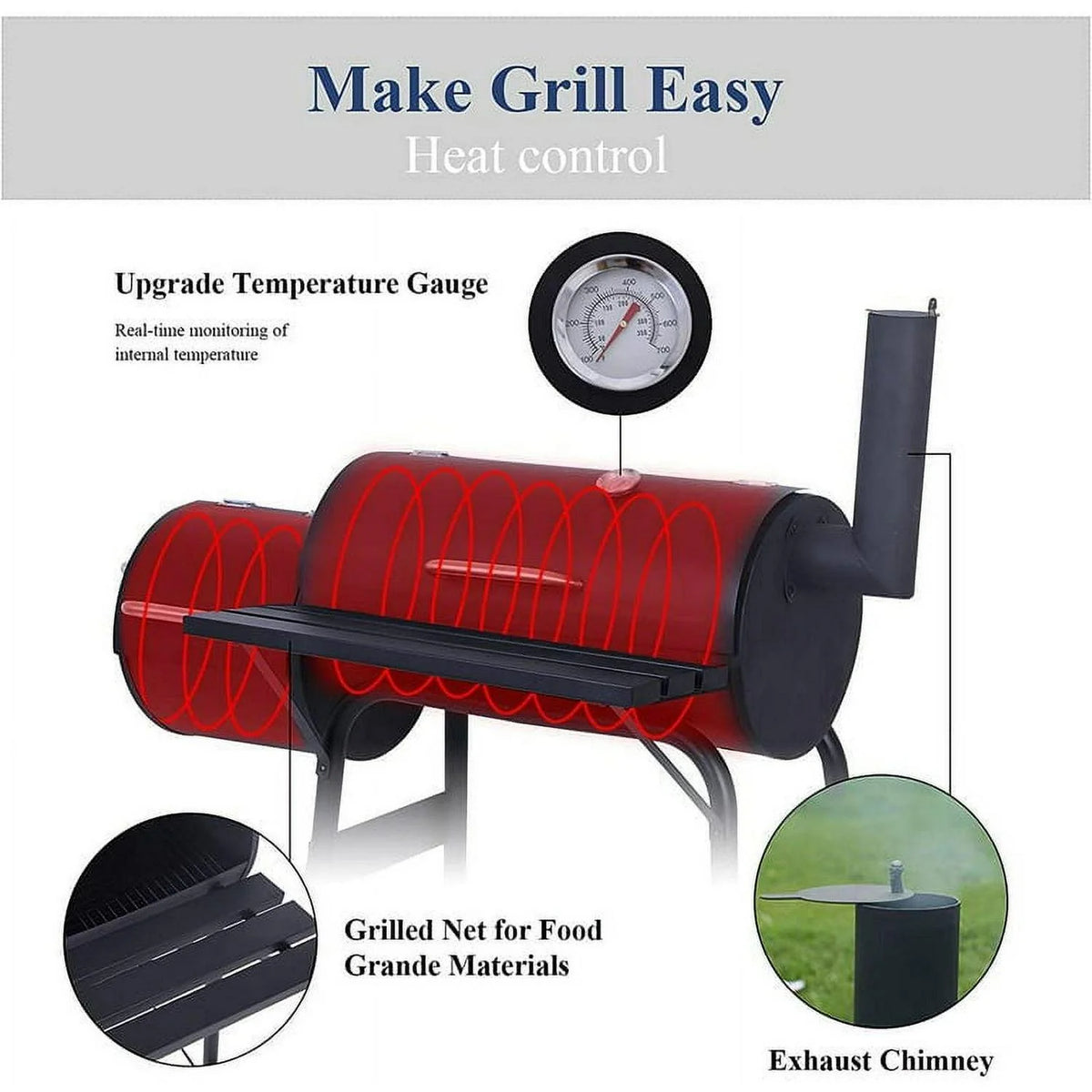 Vebreda Portable Charcoal BBQ Grill With Offset Smoker, Steel, Black, Thermometer, Wheels
