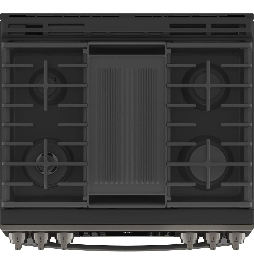 GE APPLIANCES Profile 30in Smart Slide-In Front-Control Gas Range, Black Stainless - PGS930BPTS