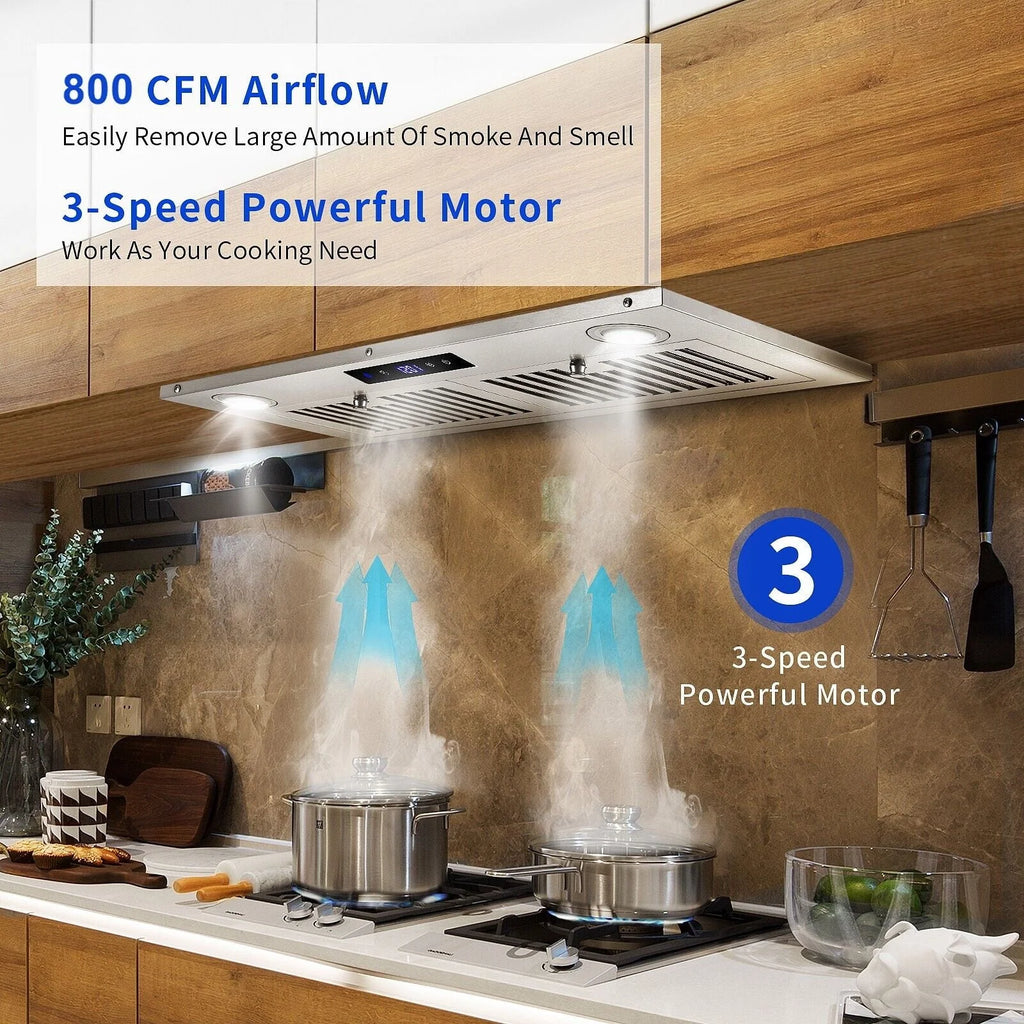 30 Inch Built-In Range Hood 800 CFM 3-Speed Touch Control