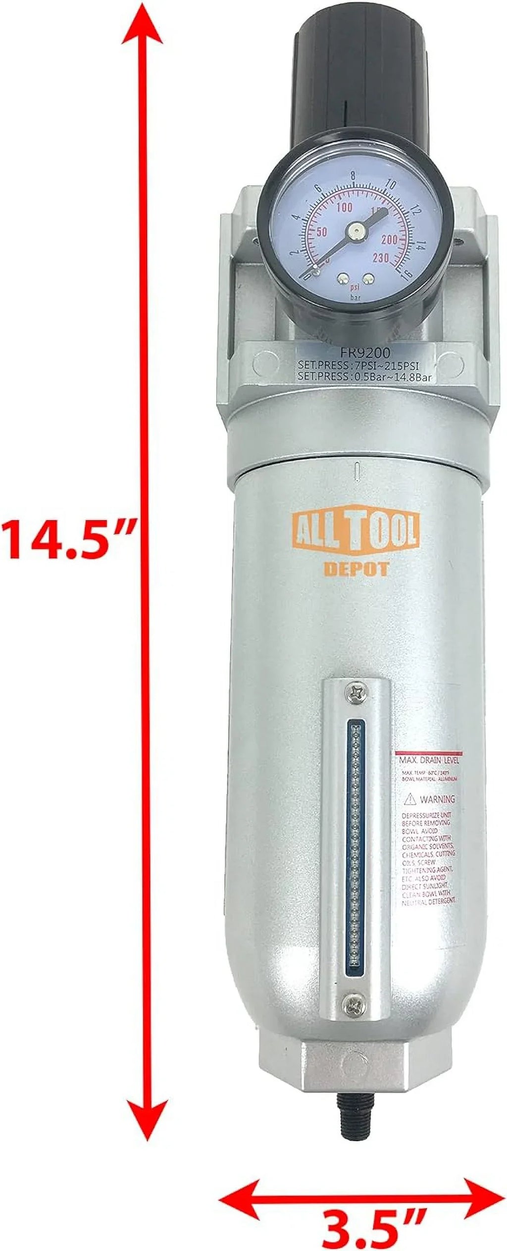 NPT Compressed Air In-Line Filter Regulator Combo, Metal Bowl, 5 Micron, 7 To 175 PSI - Auto Drain