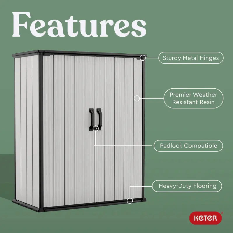 Keter Premier Vertical Outdoor Storage Shed With Floor, Lockable Double Doors, Grey