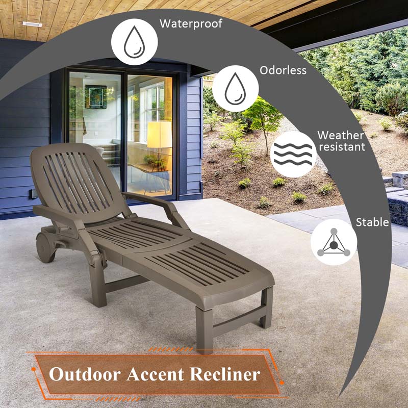 Folding Plastic Outdoor Chaise Lounge Chair With Wheels, 6-Position, 65.5 x 29 x 16.5-37 in, 330 lbs