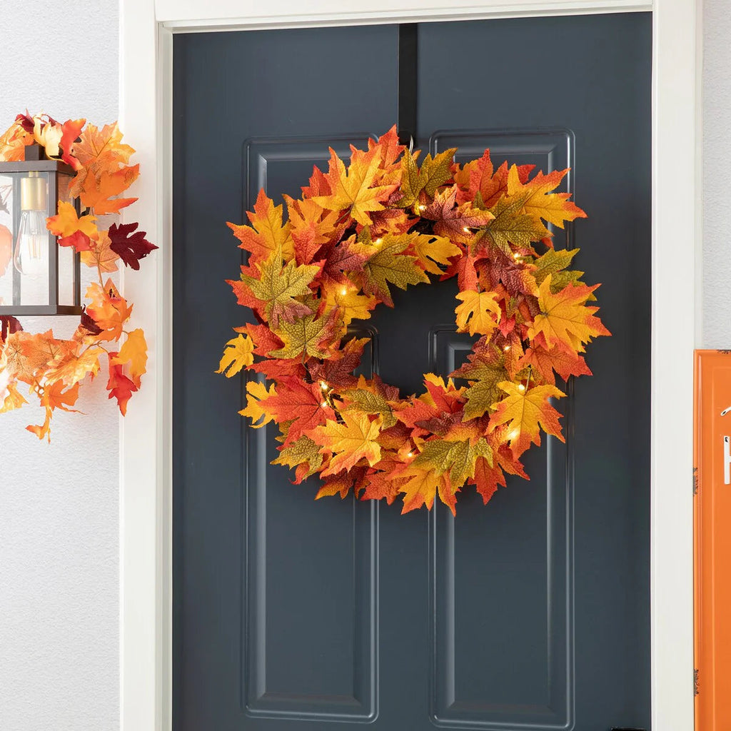 Thanksgiving LED Lighted Fall Maple Leaf Wreath And Garland, 24 in Wreath / 72 in Garland - 20 Clear Lights