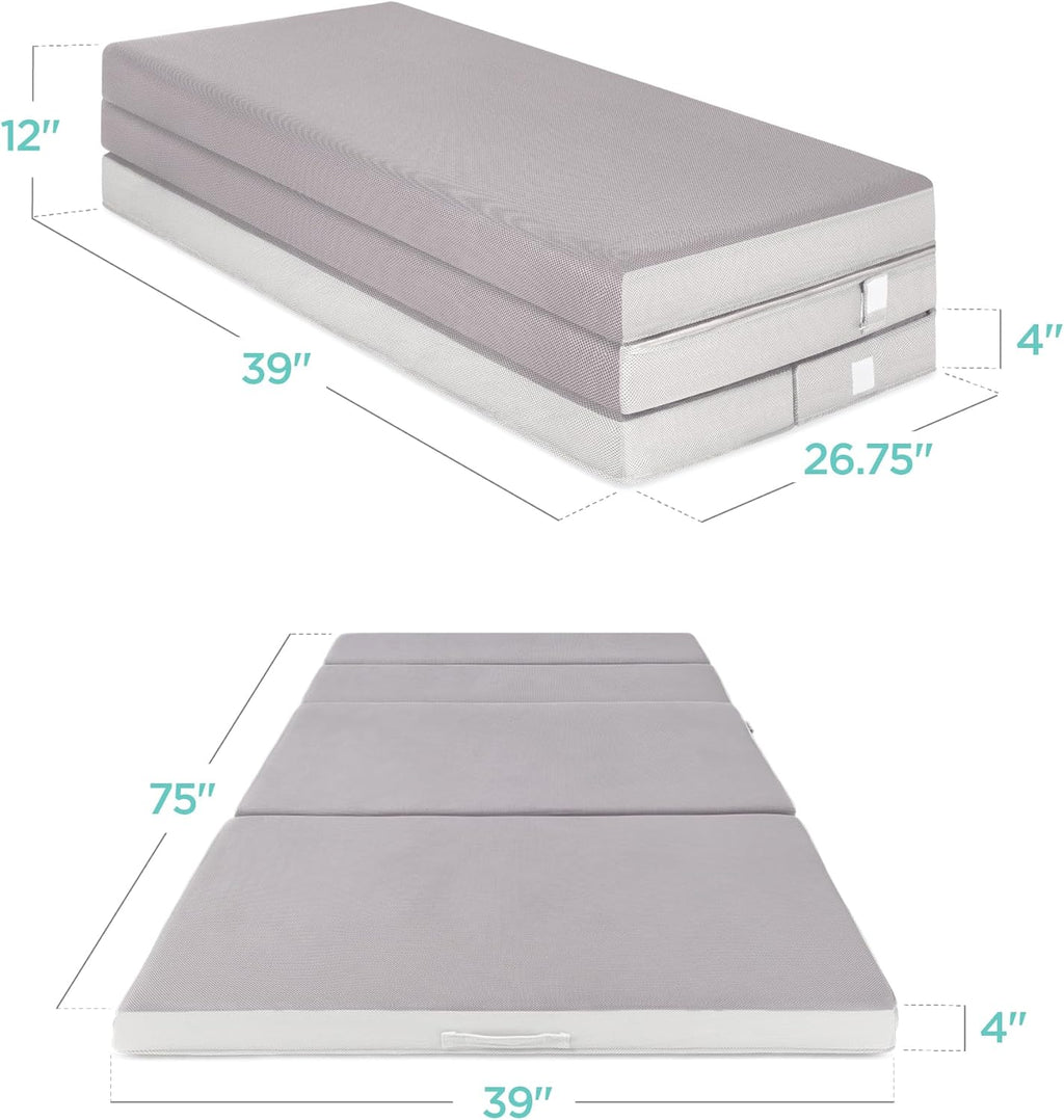 Best Choice Products Queen-Size 4in Tri-Fold Foam Mattress With Carry Case - Grey