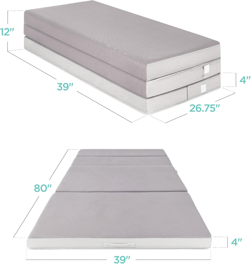 Best Choice Products Queen-Size 4in Tri-Fold Foam Mattress With Carry Case - Grey