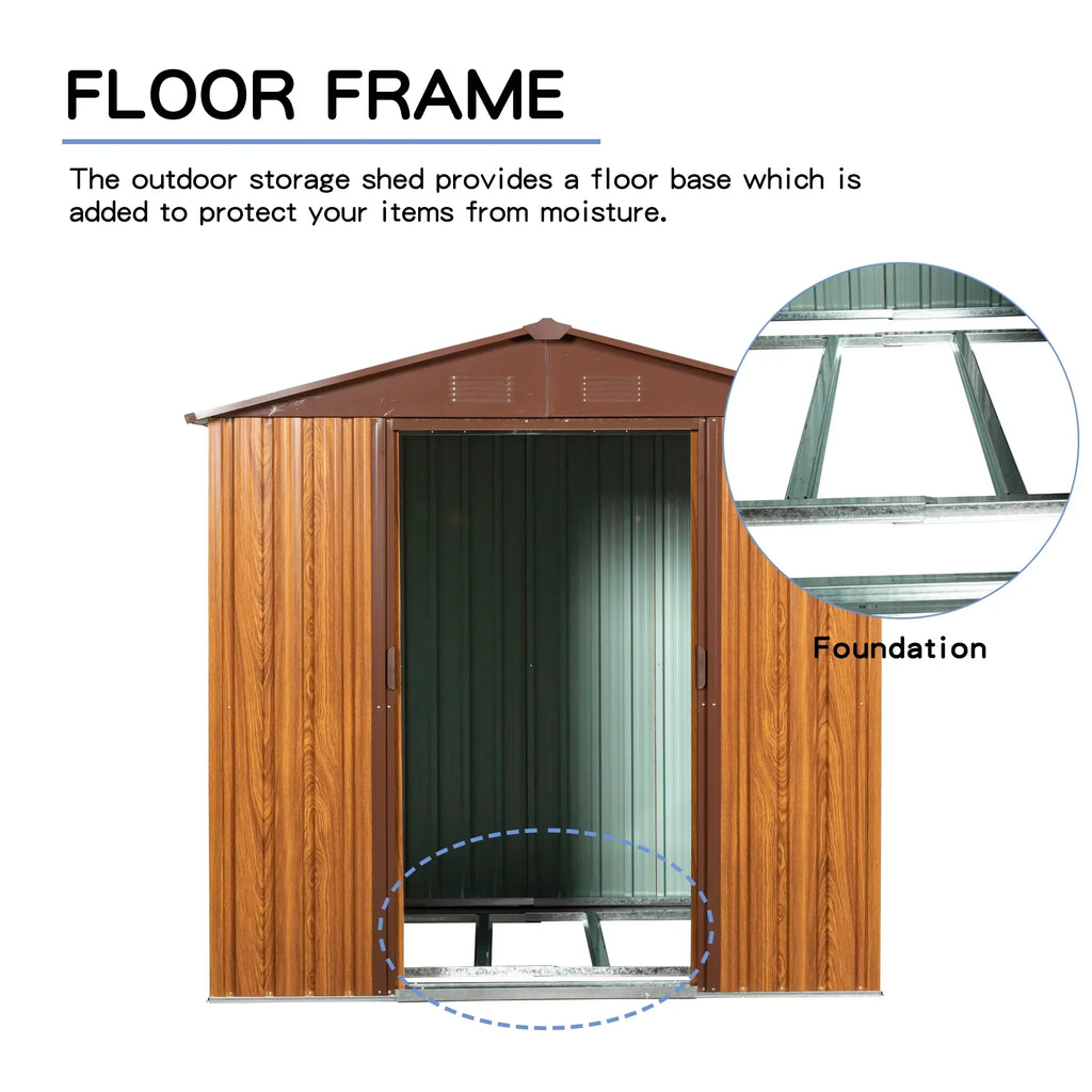 Outdoor Metal Storage Shed 6.36 x 5.7ft With Floor Frame, Sliding Doors, Brown & Wood Grain, No Window