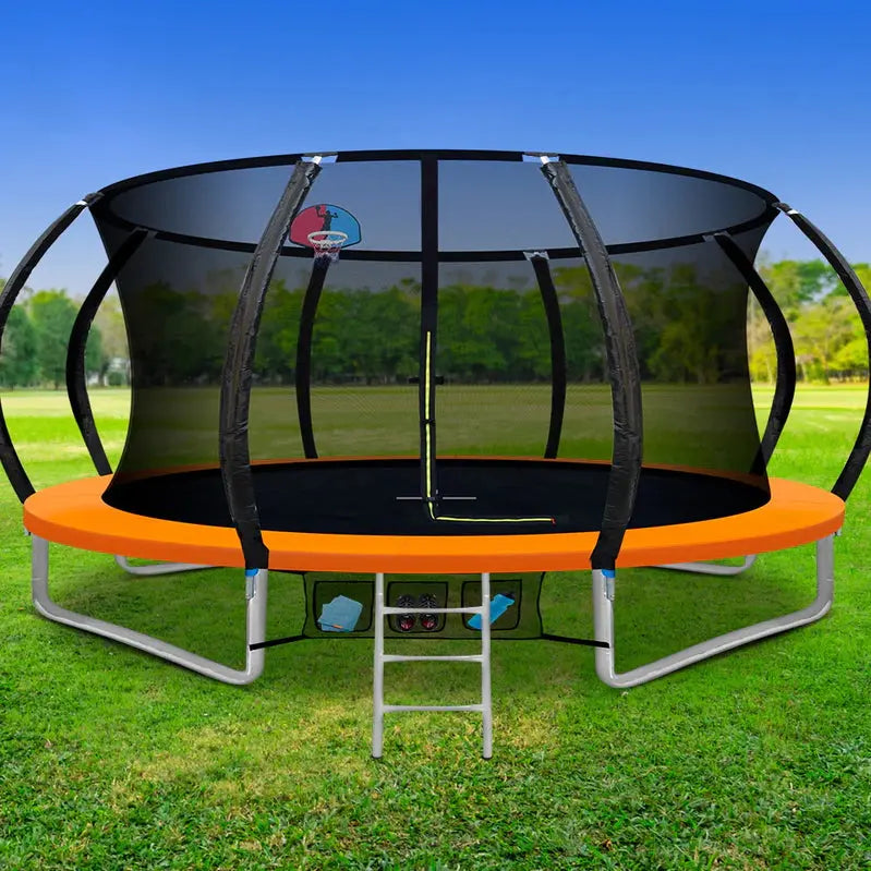 14-Foot Trampoline With Safety Enclosure, Ladder, Basketball Hoop And Orange Frame
