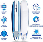 8ft Soft Top Foam Surfboard, EPS Core, 3 Stringers, Wax-Free Longboard, 200lb Capacity