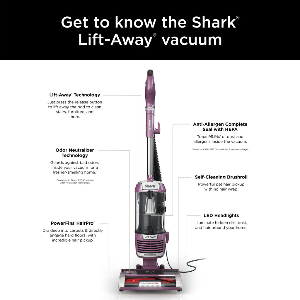 Shark Upright Vacuum With Lift-Away, PowerFins HairPro, Odor Neutralizer, Purple - ZD550