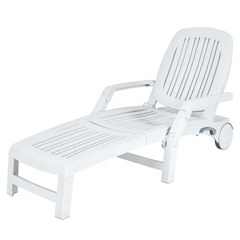 Folding Plastic Outdoor Chaise Lounge Chair With Wheels, 6-Position, 65.5 x 29 x 16.5-37 in, 330 lbs