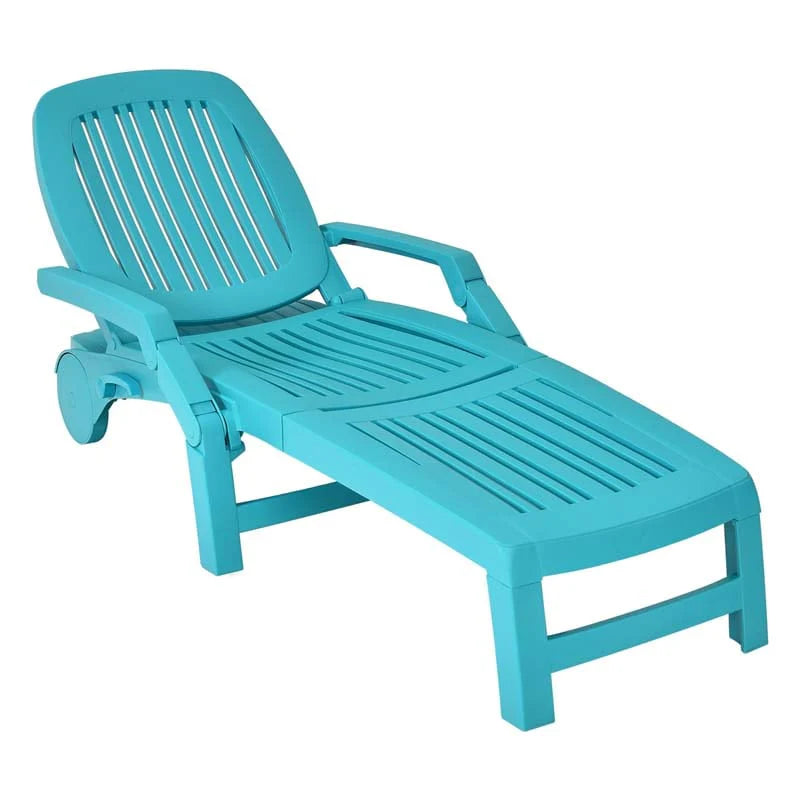 Folding Plastic Outdoor Chaise Lounge Chair With Wheels, 6-Position, 65.5 x 29 x 16.5-37 in, 330 lbs