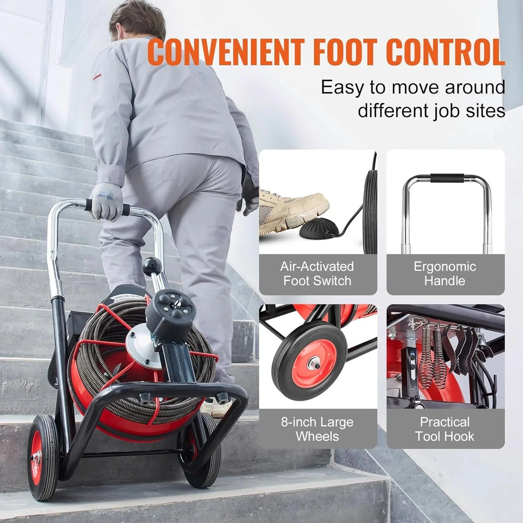 VEVOR Drain Cleaner Machine 100FT x 1/2 Inch, 550W, Red + Black - Drain Cleaner Machine 100 FT x 1/2 Inch