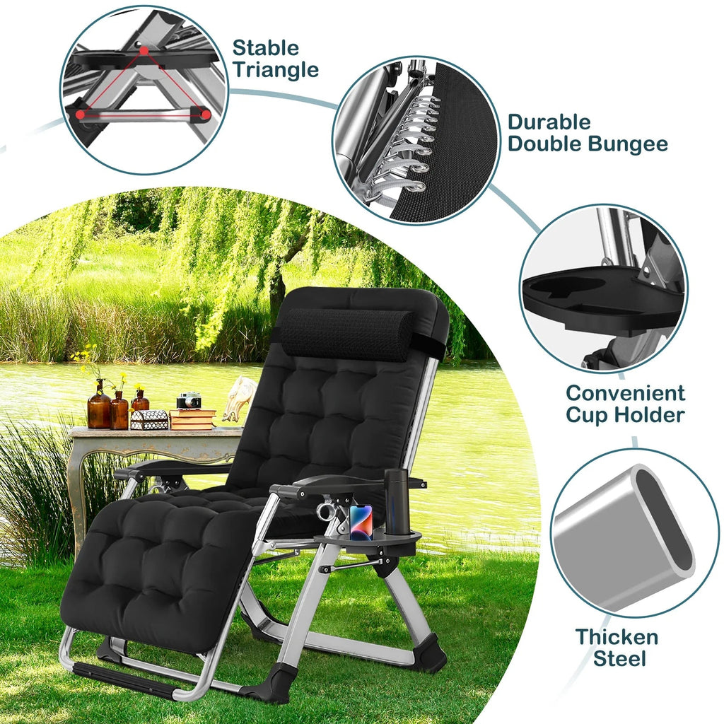 NAIZEA Zero Gravity Chair With Removable Cushion, Cup Holder, and Black Color