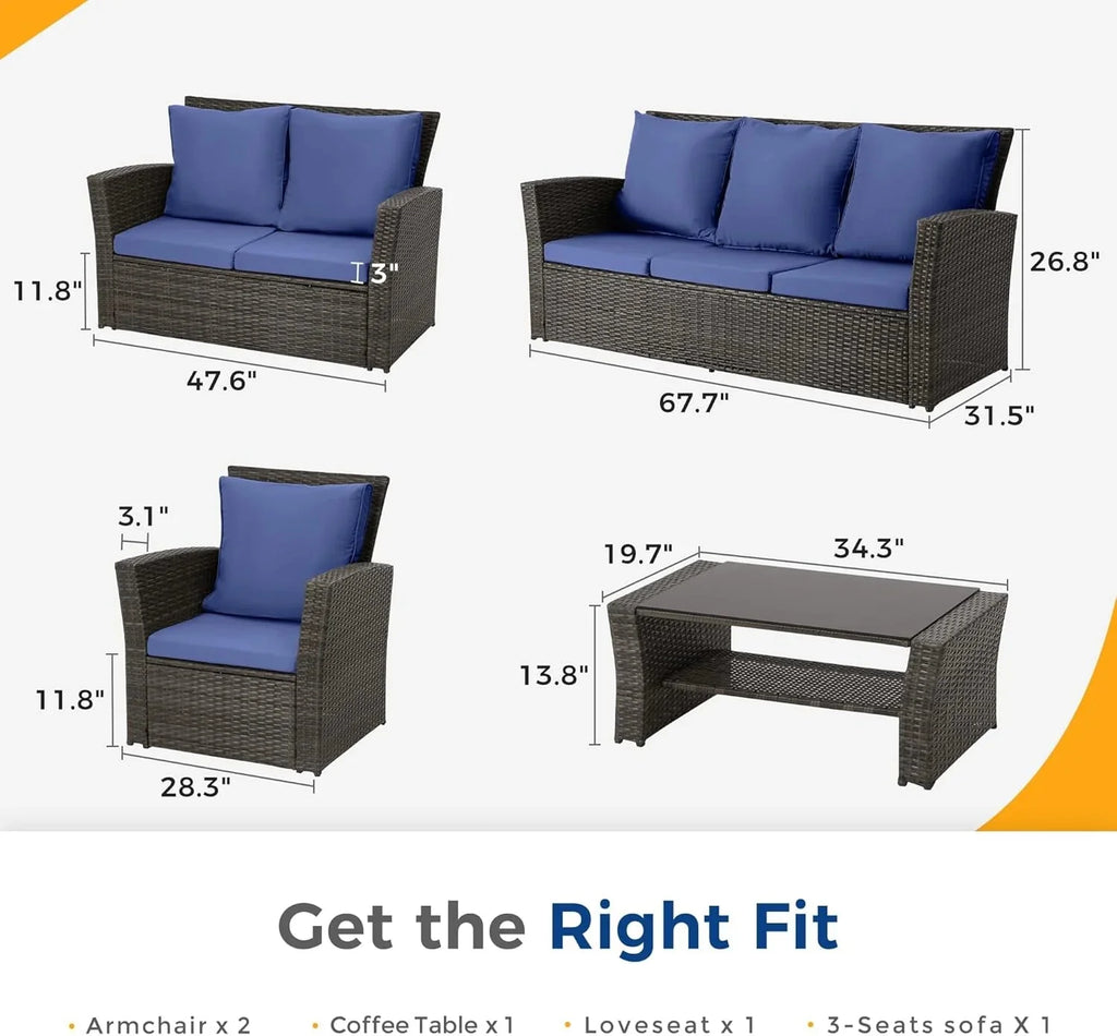 Wisteria Lane 4-Piece Outdoor Wicker Patio Conversation Set With Blue Cushions