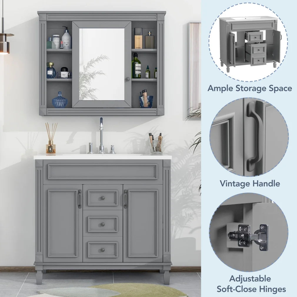 36'' Bathroom Vanity Set With Ceramic Sink Top, Mirror Cabinet, 2 Doors And 2 Drawers - Gray