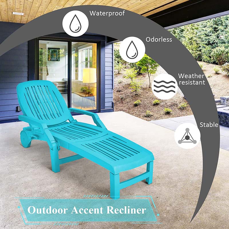 Folding Plastic Outdoor Chaise Lounge Chair With Wheels, 6-Position, 65.5 x 29 x 16.5-37 in, 330 lbs