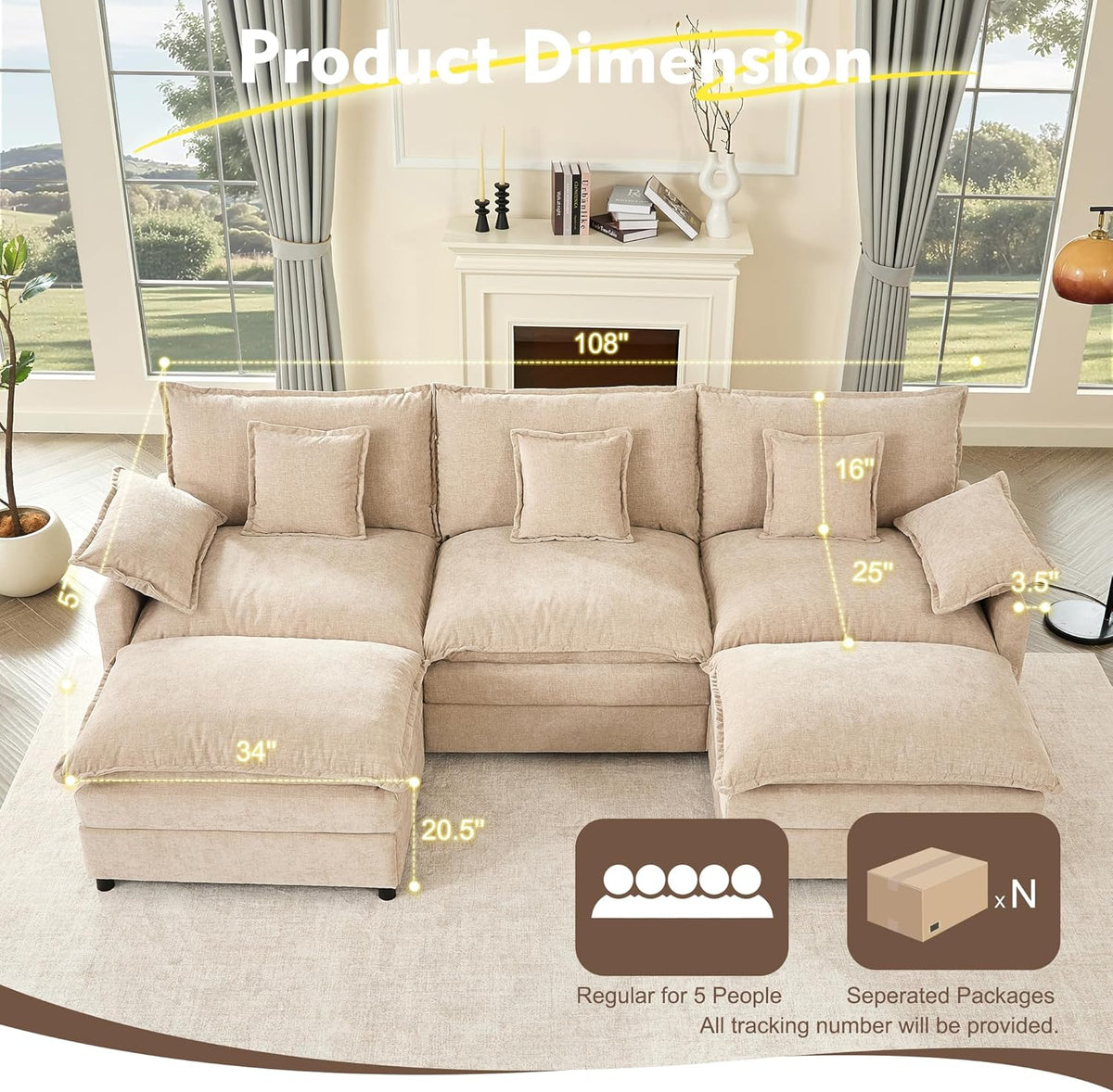 108 Inch U Shape Sectional Sofa With Removable Footstool