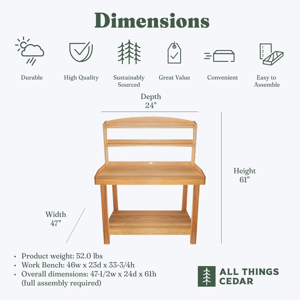All Things Cedar Deluxe Potting Bench Outdoor Garden Workstation Table - 47-1/2L x 24W x 61H