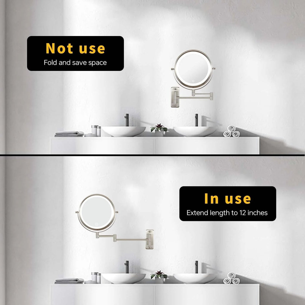 8 Inch Round Wall-Mounted Makeup Mirror, Rechargeable, 1X/10X Magnification, 3-Color LED Lights