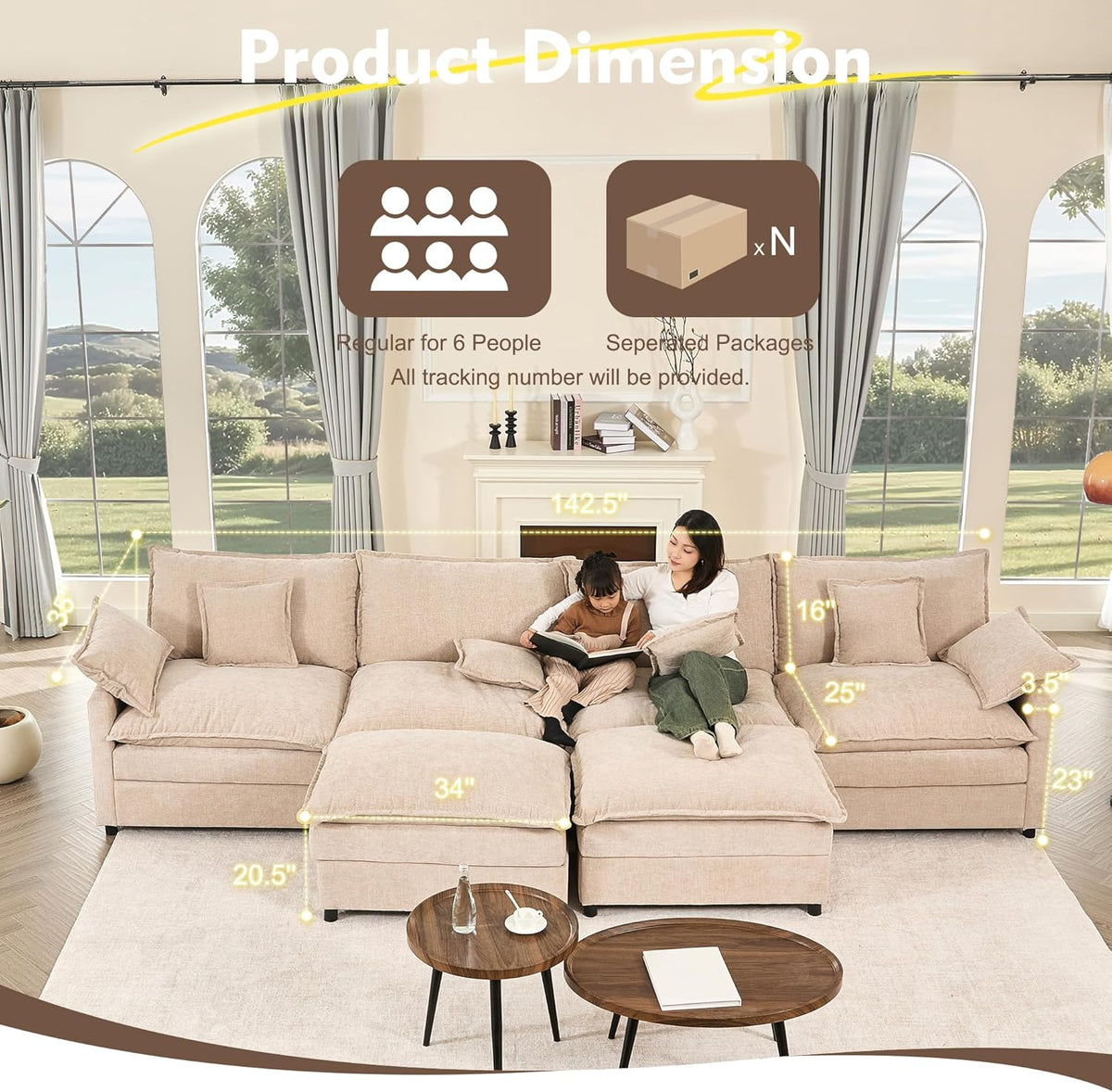 108 Inch U Shape Sectional Sofa With Removable Footstool
