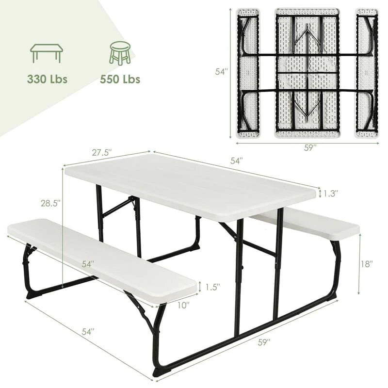 4-Person Folding Picnic Table Bench Set, 59 in x 54 in x 28.5 in - Steel And HDPE