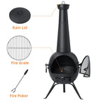 SinglyFire Outdoor Wood-Burning Cast Iron Chiminea Fireplace With Cover Rain Lids - Black