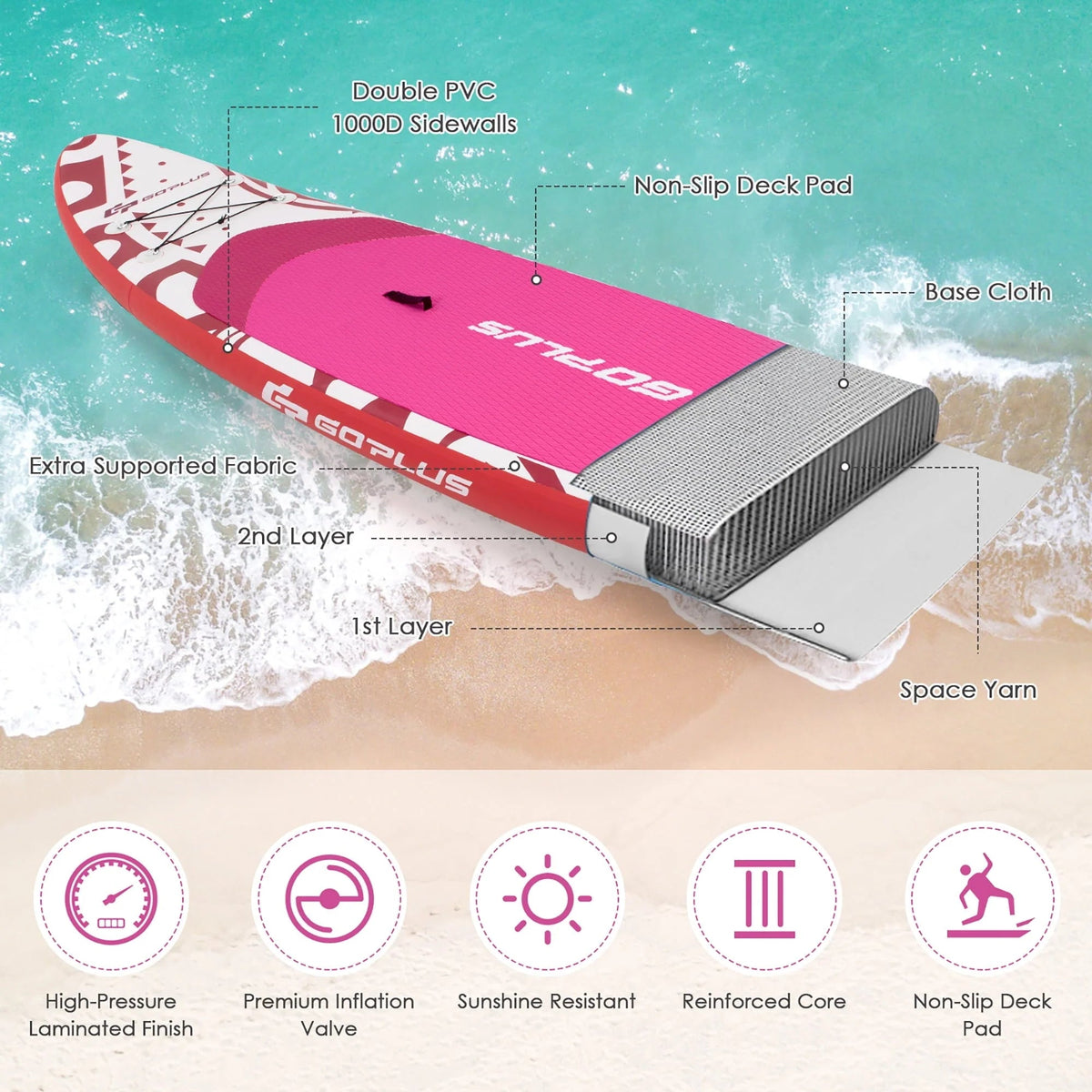 Goplus Inflatable Stand-Up Paddle Board 10.5 x 30 x 6 - Pink