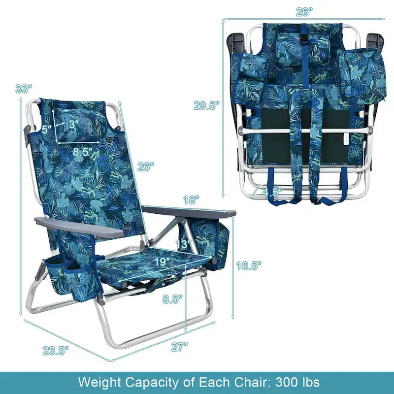 Costway Folding Backpack Beach Chairs 4-Pack, 5-Position Adjustable
