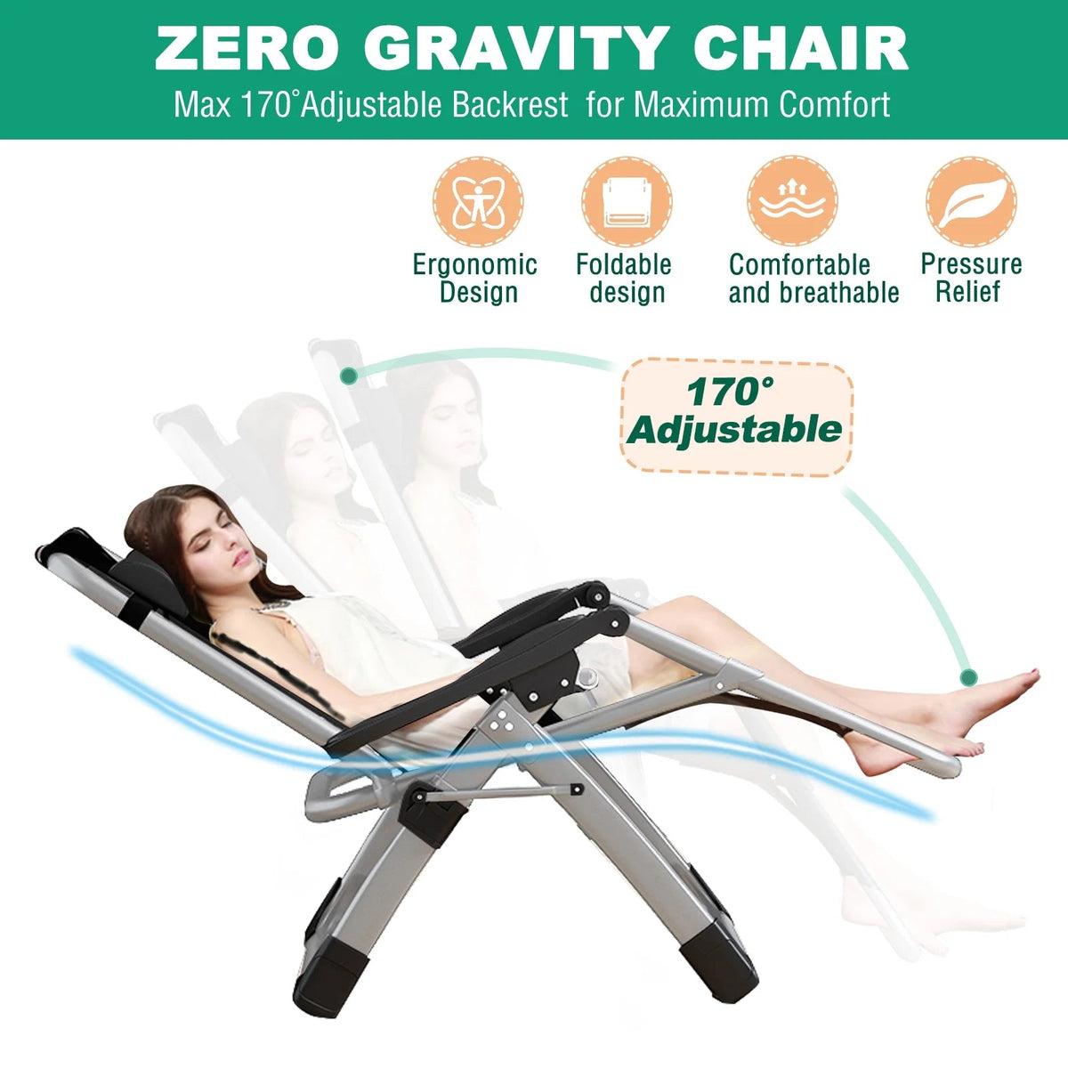 NAIZEA Zero Gravity Chair With Removable Cushion, Cup Holder, and Black Color
