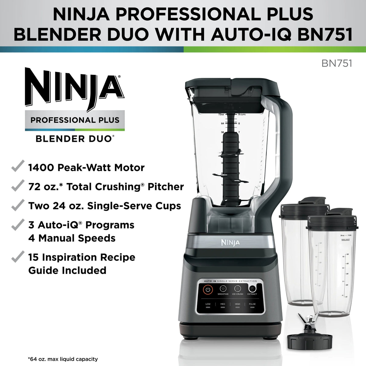 Ninja 1500 W 72 oz Blender, Black - BN751