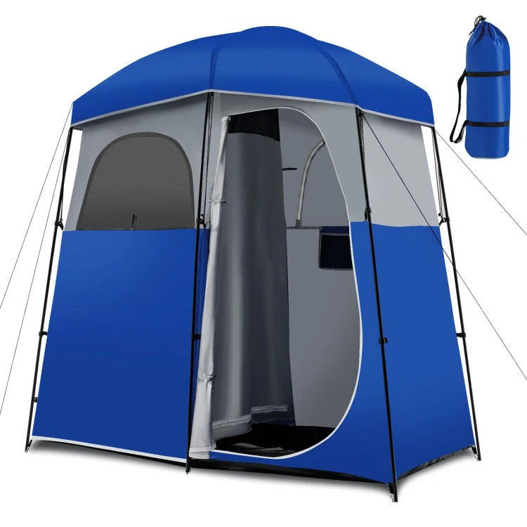 Double-Room Camping Privacy Shower Toilet Tent, Blue, 7ft x 3.5ft x 7ft - With Storage Bag