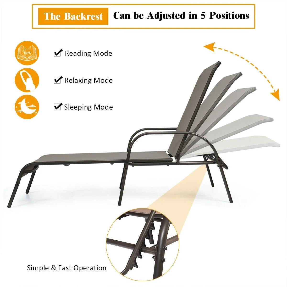 Fabric Folding Outdoor Chaise Lounge Chairs, 2 Pcs, 5 Position