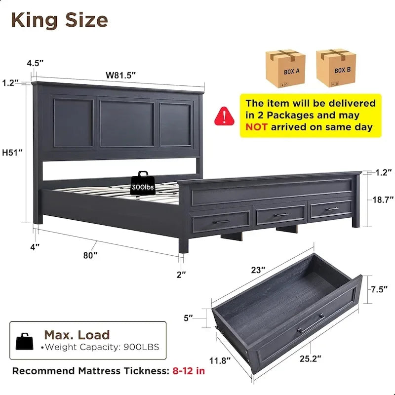 King Engineered Wood Platform Bed Frame With Headboard And 3 Drawers - 86L x 81.5W x 52.5H