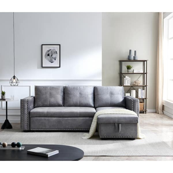 Reversible Gray Velvet Sleeper Sectional Sofa, 90.5 in, 3 Seat, L-Shape With Storage