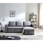 Reversible Gray Velvet Sleeper Sectional Sofa, 90.5 in, 3 Seat, L-Shape With Storage