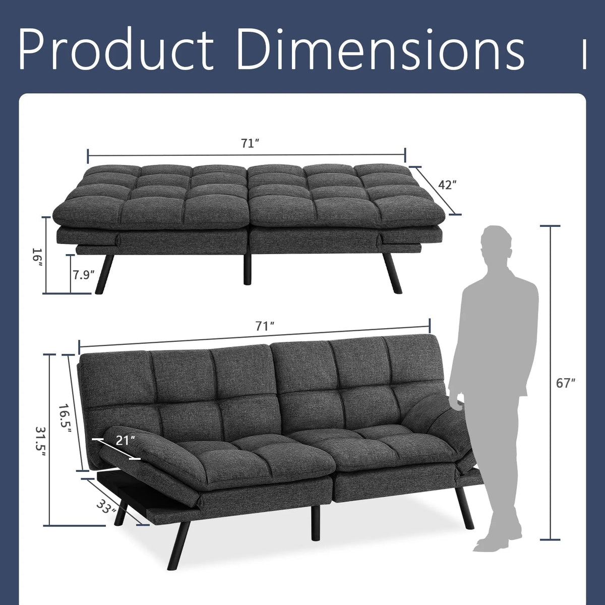 Memory Foam Futon Sofa Bed With Adjustable Armrests And Backrest - Gray