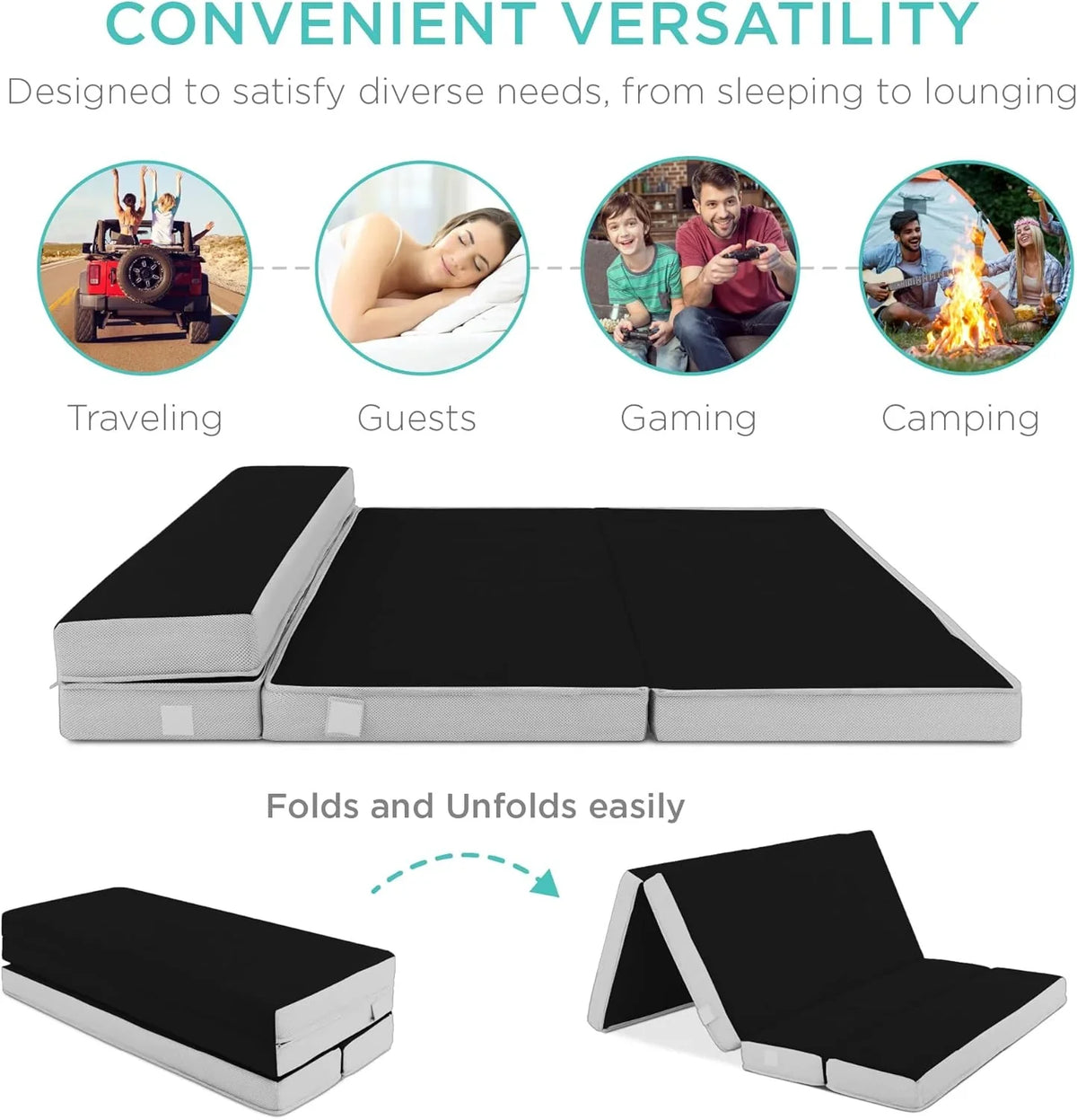 Best Choice Products Queen-Size 4in Tri-Fold Foam Mattress With Carry Case - Grey