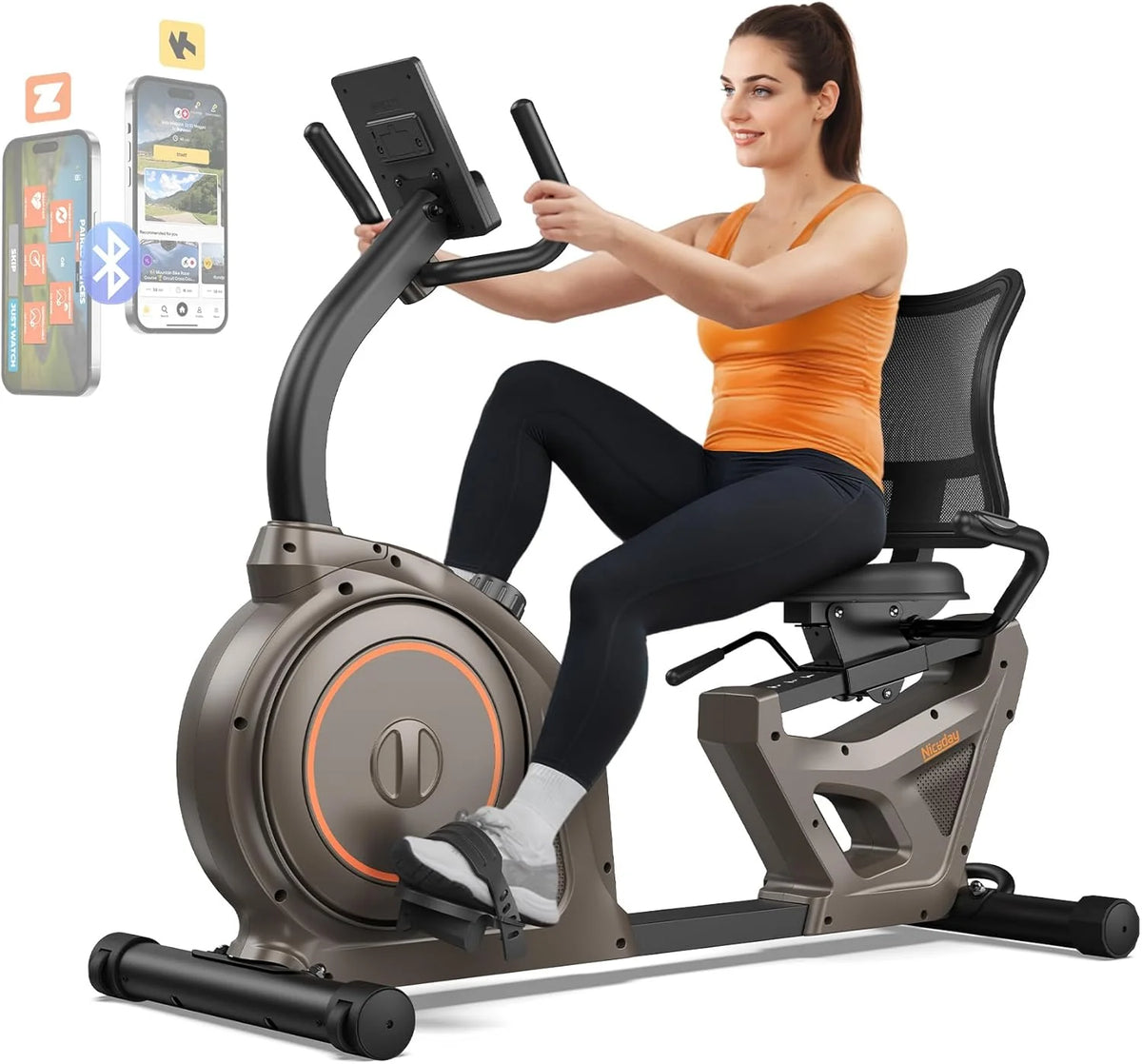 Niceday Recumbent Exercise Bike, 400 LBS Capacity, 16-Level Magnetic Resistance, Brown+Orange