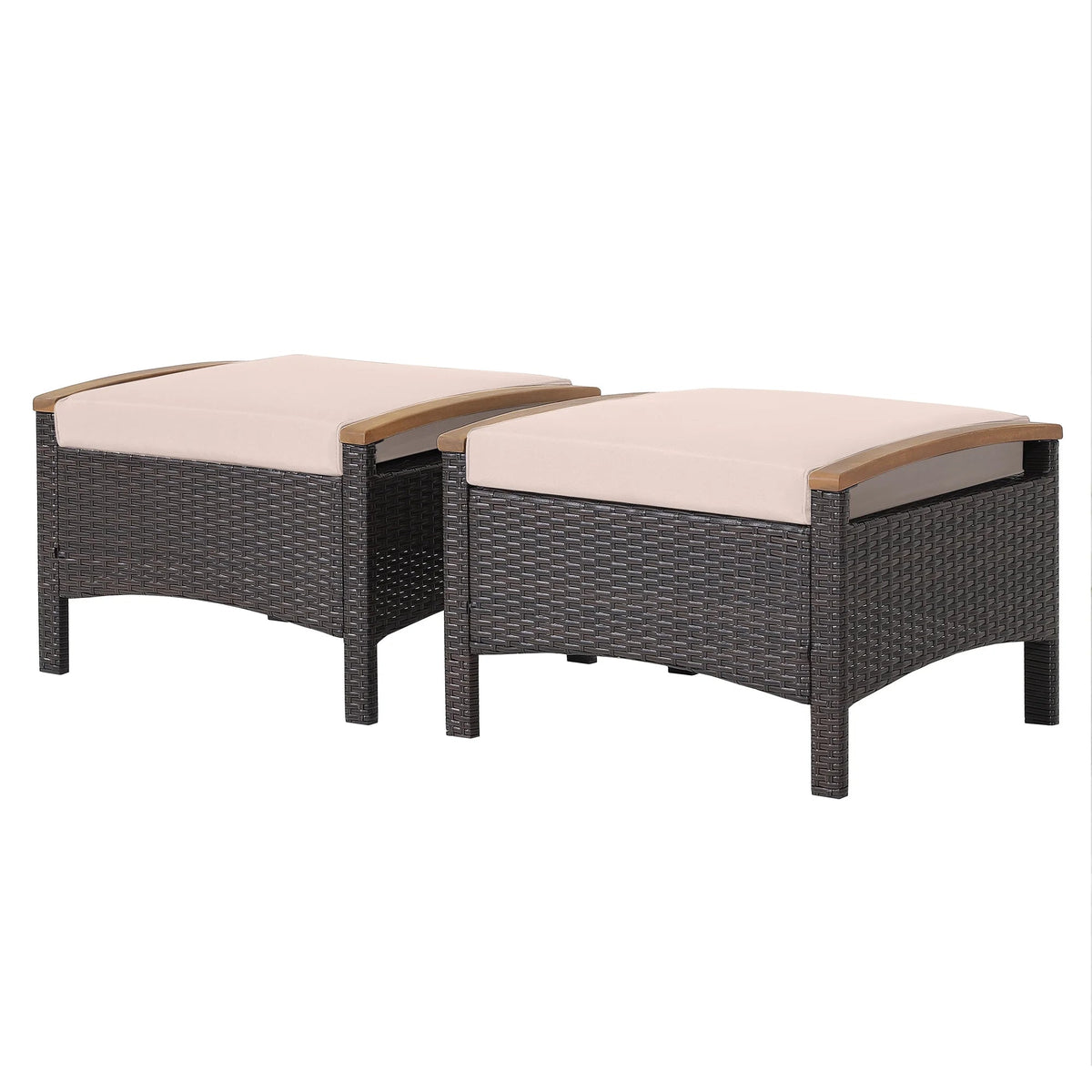Costway Set Of 2 Patio Rattan Ottoman Footrests With Cushions, Mix Brown/Beige, 25 x 20 x 16 in