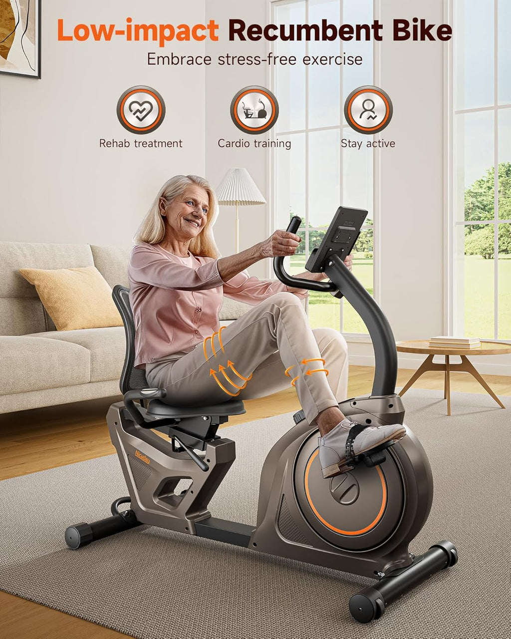 Niceday Recumbent Exercise Bike, 400 LBS Capacity, 16-Level Magnetic Resistance, Brown+Orange