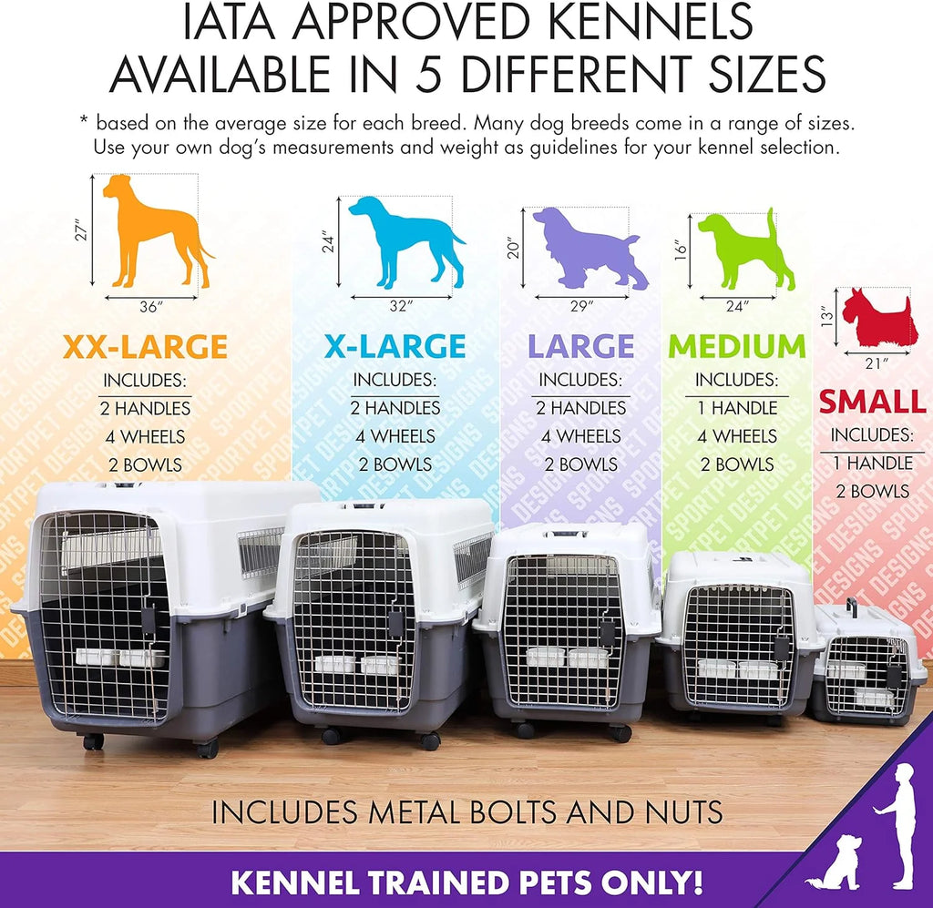 SportPet Designs Plastic Airline Approved Rolling Dog Kennel With Wire Door, XXX-Large, Gray, 48in L x 32in W x 36in H