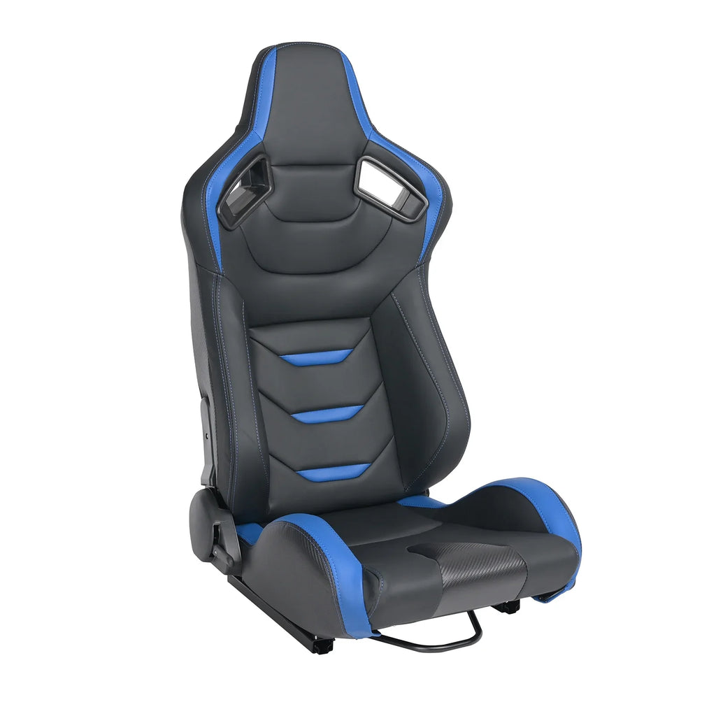 Universal Racing Bucket Seats, Pair With Dual Lock Sliders, Black With Blue PVC Leather, 36.6 x 21.6 x 21.6 in