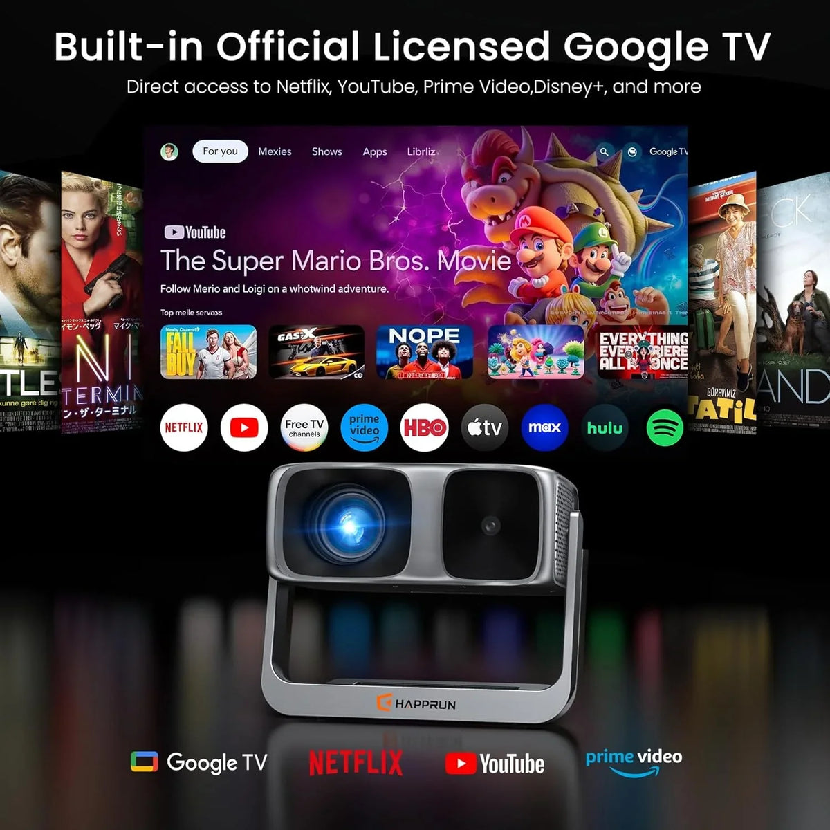 HAPPRUN Outdoor Smart Projector, 2000 ANSI Lumens, 1920 x 1080, 4K Decoding - Google TV